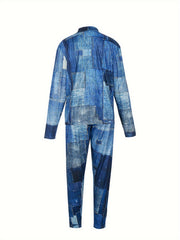 Denim Patchwork Print Jacket & Pants Outfit Set