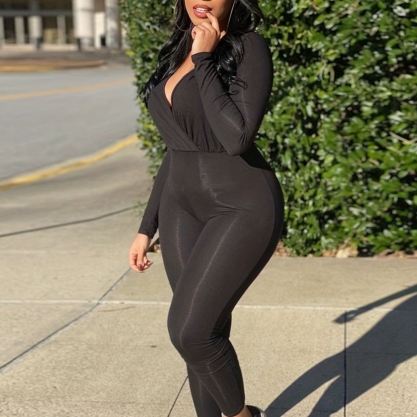 Long Sleeve Slim Jumpsuit V Neck Casual Jumpsuit Women's Clothing