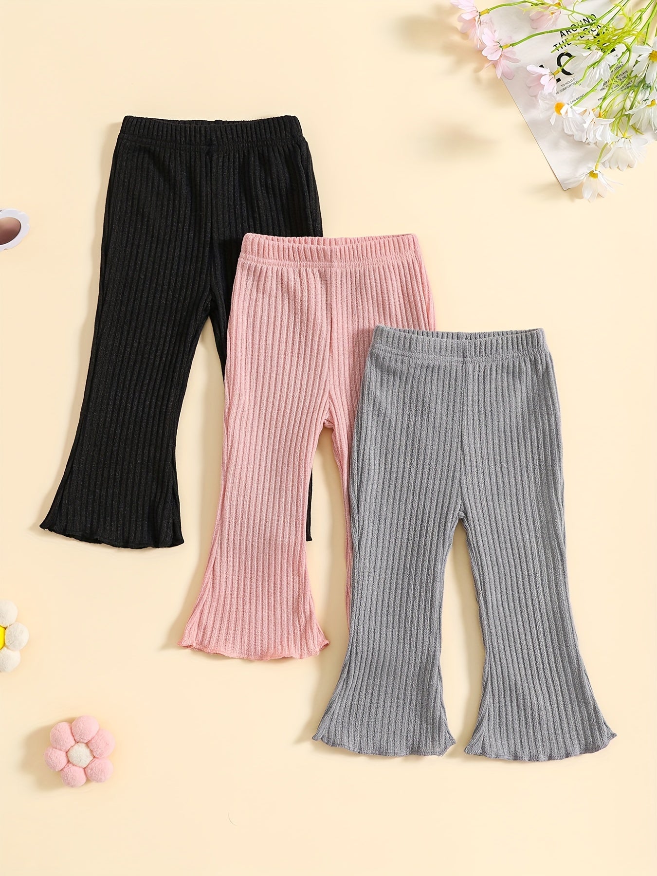 Toddler Girl's Frill Trim Bell Bottom Pants Pink Grey