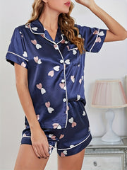 Heart Print Pajamas Set Short Sleeve Top & Shorts Women's Loungewear