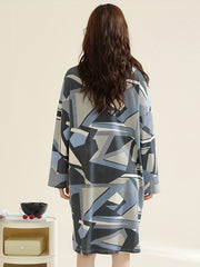 Geometric Pattern NightDress Long Sleeve V Neck Buttons Pajama Dress
