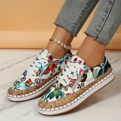 Floral Print Slip On Sneakers for Women Zipper Detail Outdoor Shoes