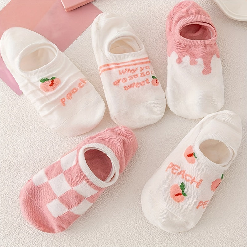 Peach & Floral Print Ankle Socks Women's Stockings