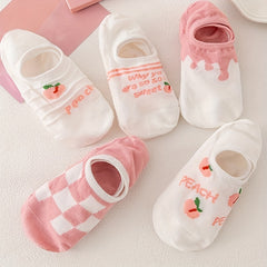 Peach & Floral Print Ankle Socks Women's Stockings