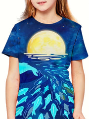 3D Whale Under The Sea Graphic Crew Neck Short Sleeve T shirt Girls Casual