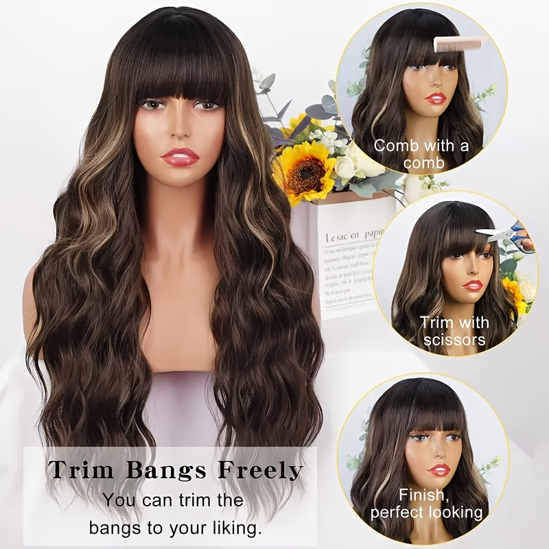 Brown Highlight Wig With Bangs Long Wavy Hair Wig Curly Synthetic Wigs
