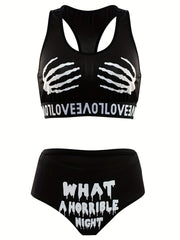 Skull Print Bra & Panties Set Halloween Lingerie Women's Underwear