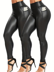 2 Pack Plus Size PU Leather Yoga Pants Set High Waist Sports Leggings