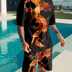 Men's Flame & Poker Symbol Graphic T-shirt & Stretchy Shorts