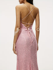 Glitter Sequined Split Cami Bridesmaid Dress Backless Dress For Wedding Party