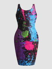 Casual Tank Dress Women's Plus Splash Print Scoop Neck Bodycon Dress