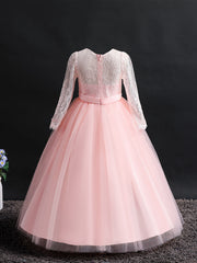 Girls Lace Long Sleeve Dress Wedding Princess Party Dress