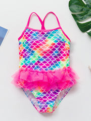 Girls Mermaid Fish Scale Print Swimsuit Sleeveless Camisole Mesh Decor