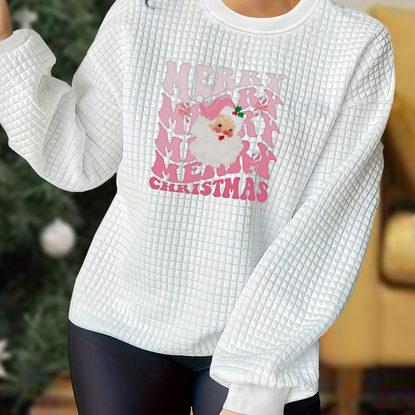Christmas Santa Claus Print Waffle Long Sleeve Pajama Top