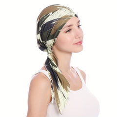 Stripe Leaf Print Bonnet Silk Head Wrap Boho Turban Soft Head Scarf