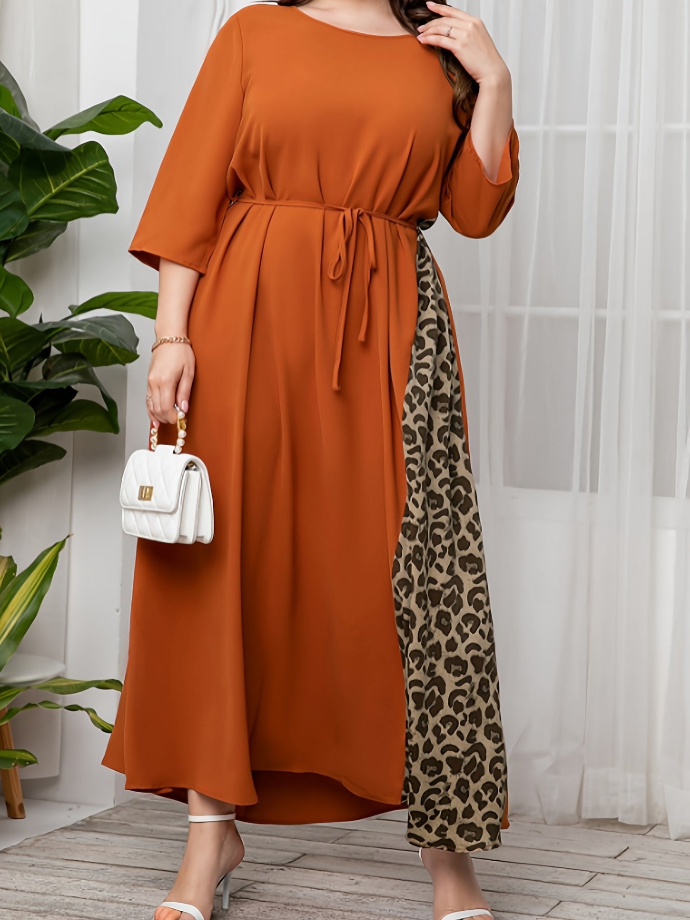 Colorblock Leopard Print Kaftan Maxi Dress with Belt
