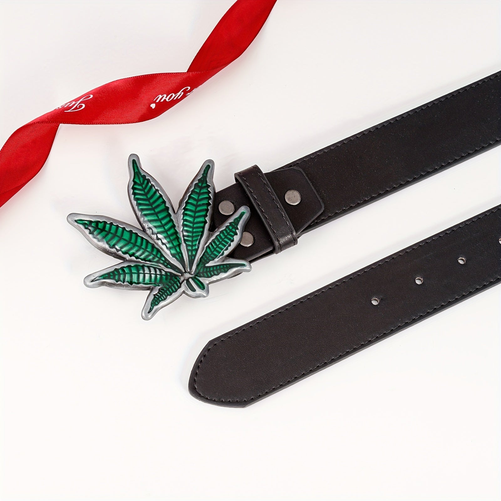Men's Green Maple Leaf Buckle PU Leather Belt Casual Waist Belt