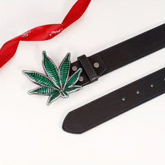 Men's Green Maple Leaf Buckle PU Leather Belt Casual Waist Belt