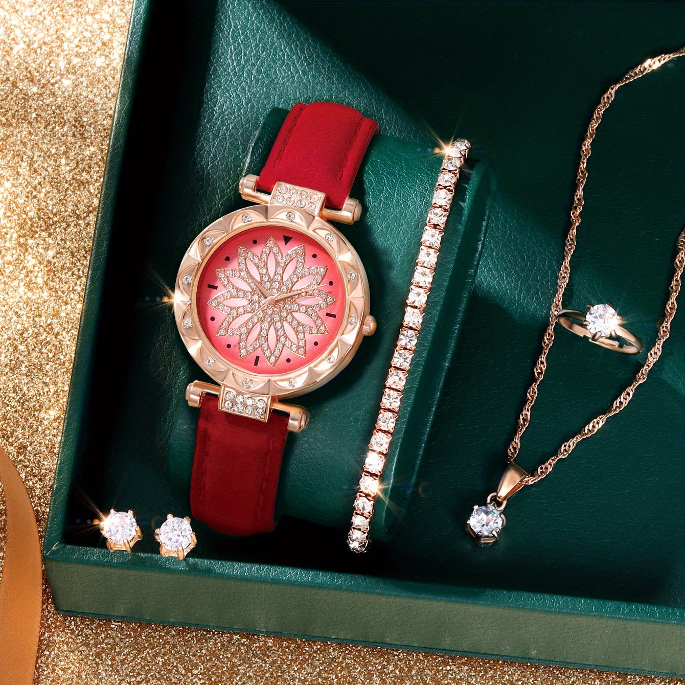 Red Rhinestone Quartz Watch & Red Butterfly Jewelry Set
