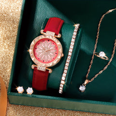 Red Rhinestone Quartz Watch & Red Butterfly Jewelry Set