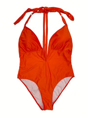 Solid Deep V Neck One Piece Swimsuit With Belt