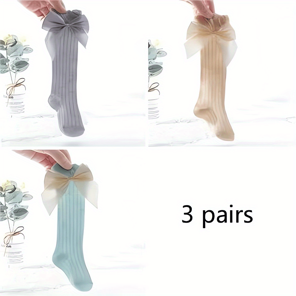 3 Pairs Baby Girls Knee High Socks Bow Cable Knit Over Calf Long Socks