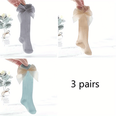 3 Pairs Baby Girls Knee High Socks Bow Cable Knit Over Calf Long Socks