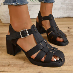 Women's Retro Chunky Heel Cutout Sandals Buckle Strap Solid Sandals