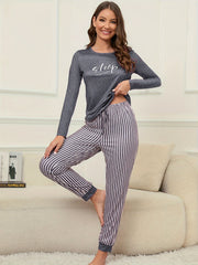 Women's Letter Print Lounge Set Long Sleeve Top & Striped Pants