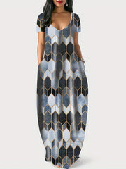 Colorblock Geometric Print V Neck Maxi Dress