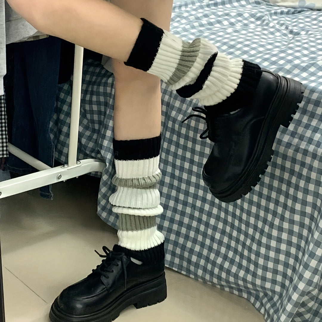 Y2K Colorblock Leg Warmers Rib Knit Knee High Socks