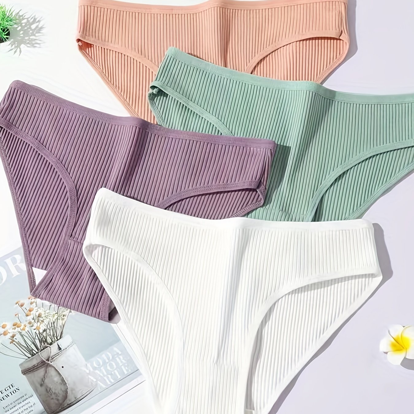 4pcs Ribbed Briefs Comfy Stretchy Intimates Panties Women's Lingerie