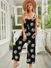 Leaf Print Wide Leg Spaghetti Jumpsuit Boho Sleeveless Backless Jumpsuit