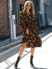 Retro V Neck Ruffle Dress Print Long Sleeve Loose Summer Dresses