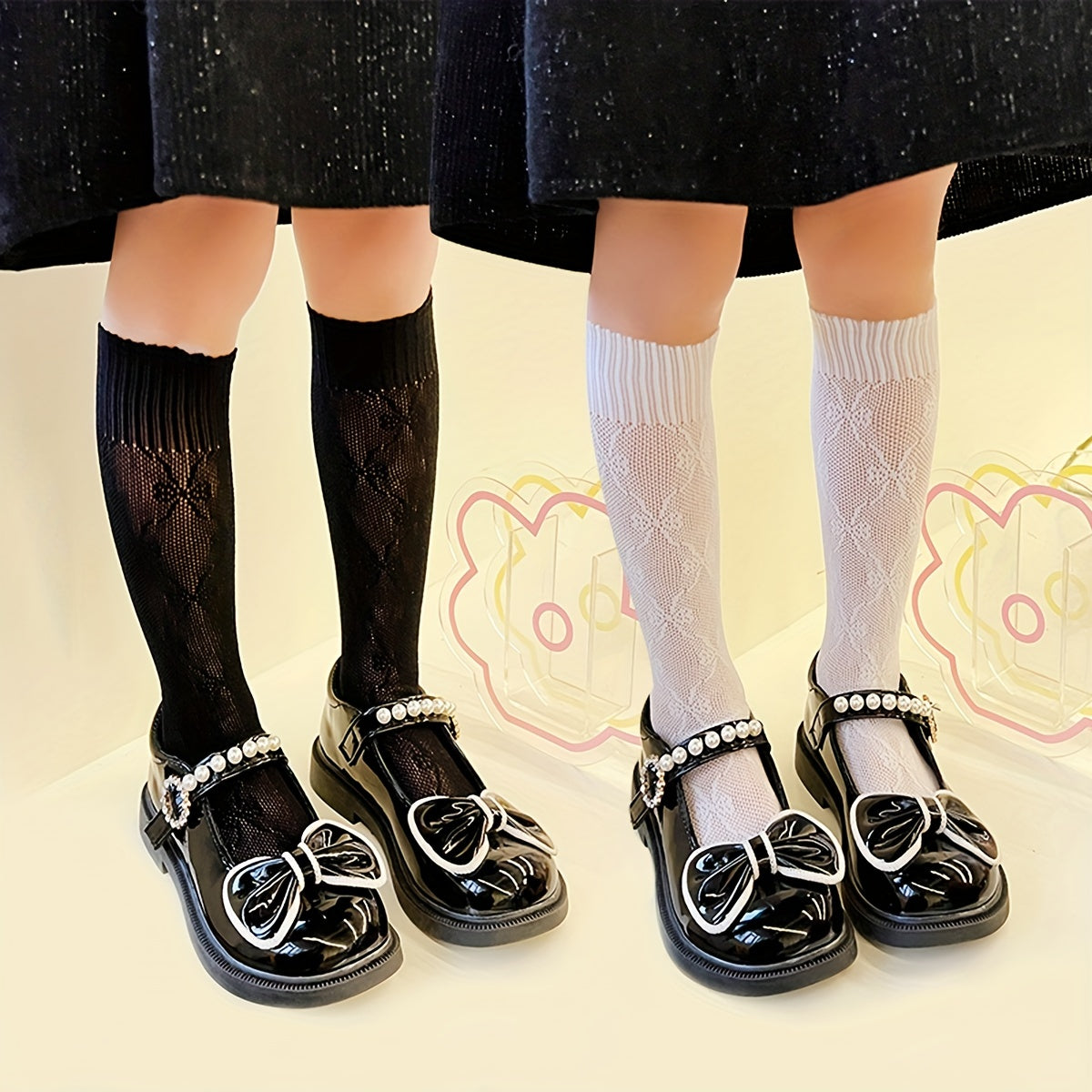 Girls Cotton Blend Bow Pattern Knee High Socks
