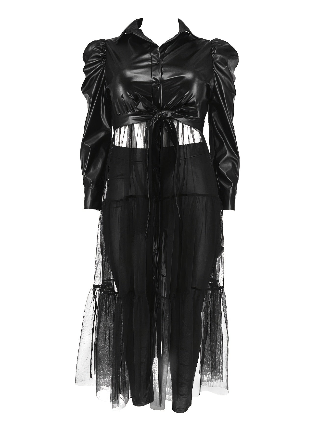 Punk Dress Women's Faux Leather Mesh Sleeve Button Up Dress