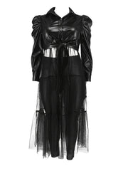 Punk Dress Women's Faux Leather Mesh Sleeve Button Up Dress