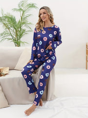 Donut Print Pajama Set Crew Neck Top & Pants Women's Sleepwear
