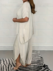 Solid Casual Two piece Set Crew Neck Short Sleeve Tops & Split Long Length Pants