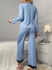 Solid Lounge Set Long Sleeve Crew Neck Top & Lace Trim Pants