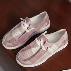 Pink Plaid Canvas Shoes Women Casual Lace Up Sneakers Lightweight Comfort