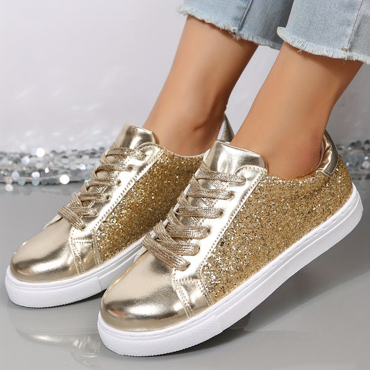 Glitter Reflective Faux Leather Skate Shoes Wear-Resistant Non Slip Sneakers