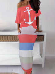 Women's Plus Anchor One Shoulder Top & Skirt 2 Piece Set