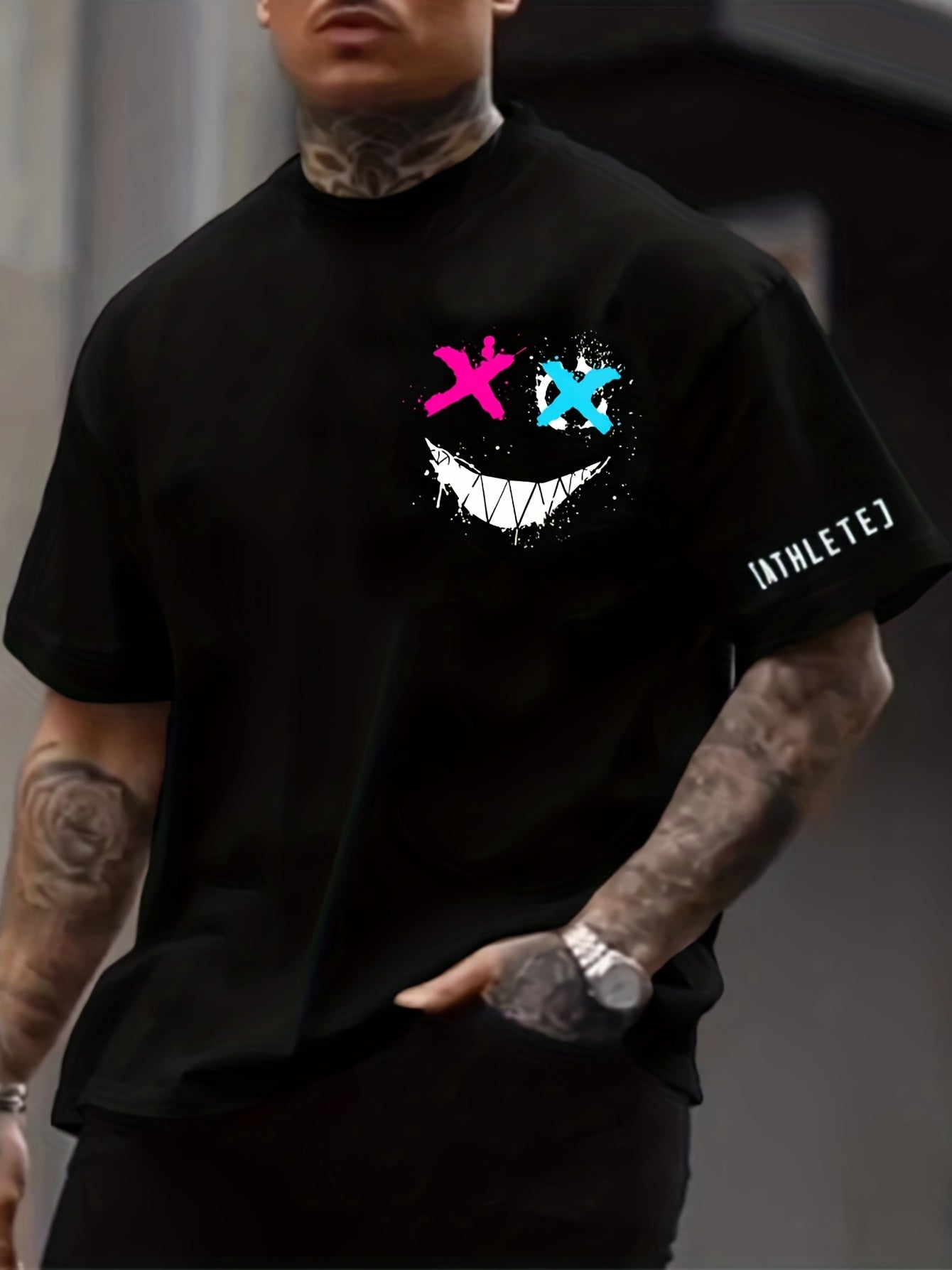 Smile Face Print Men's Crew Neck Tshirt Casual Tee S