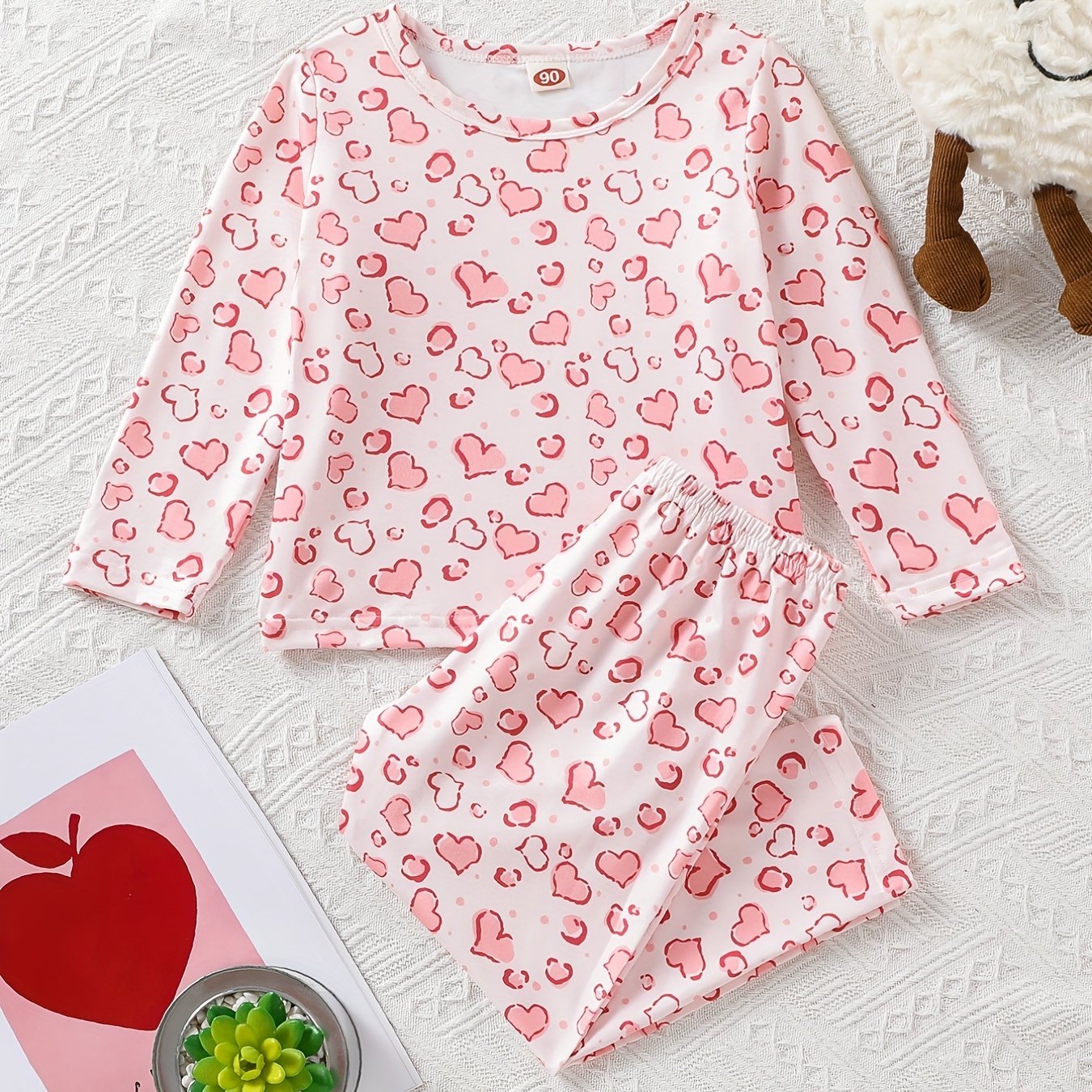 Girl's Love Heart Print PJ Set Long Sleeve Top & Pants