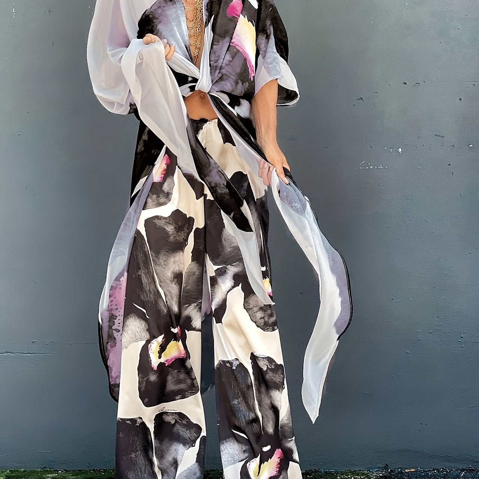 Floral Print V Neck Tie Front Beachwear Kimono Cover Up & Pants