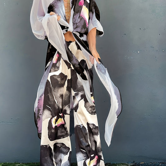 Floral Print V Neck Tie Front Beachwear Kimono Cover Up & Pants