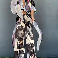 Floral Print V Neck Tie Front Beachwear Kimono Cover Up & Pants
