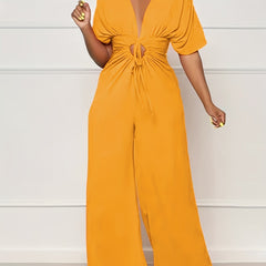 Casual Jumpsuit Solid Cut Out Drawstring Ruched Wide Leg Jumpsuit