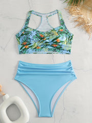 Tropical Print Bikini Set: Cross Front Racer Back Bra & Panty